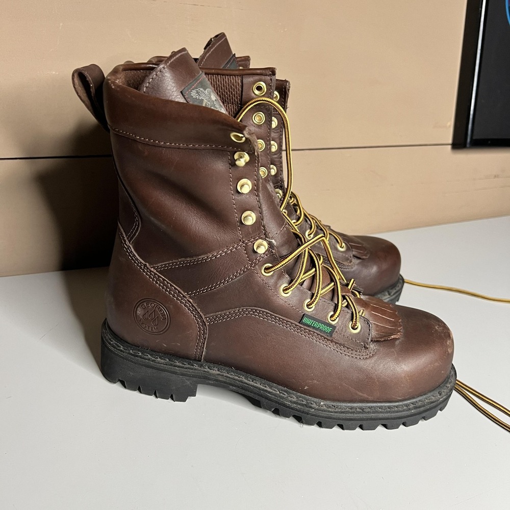 Georgia Boot Mens Brown Leather Waterproof Logger Boots Vibram Sole Kiltie